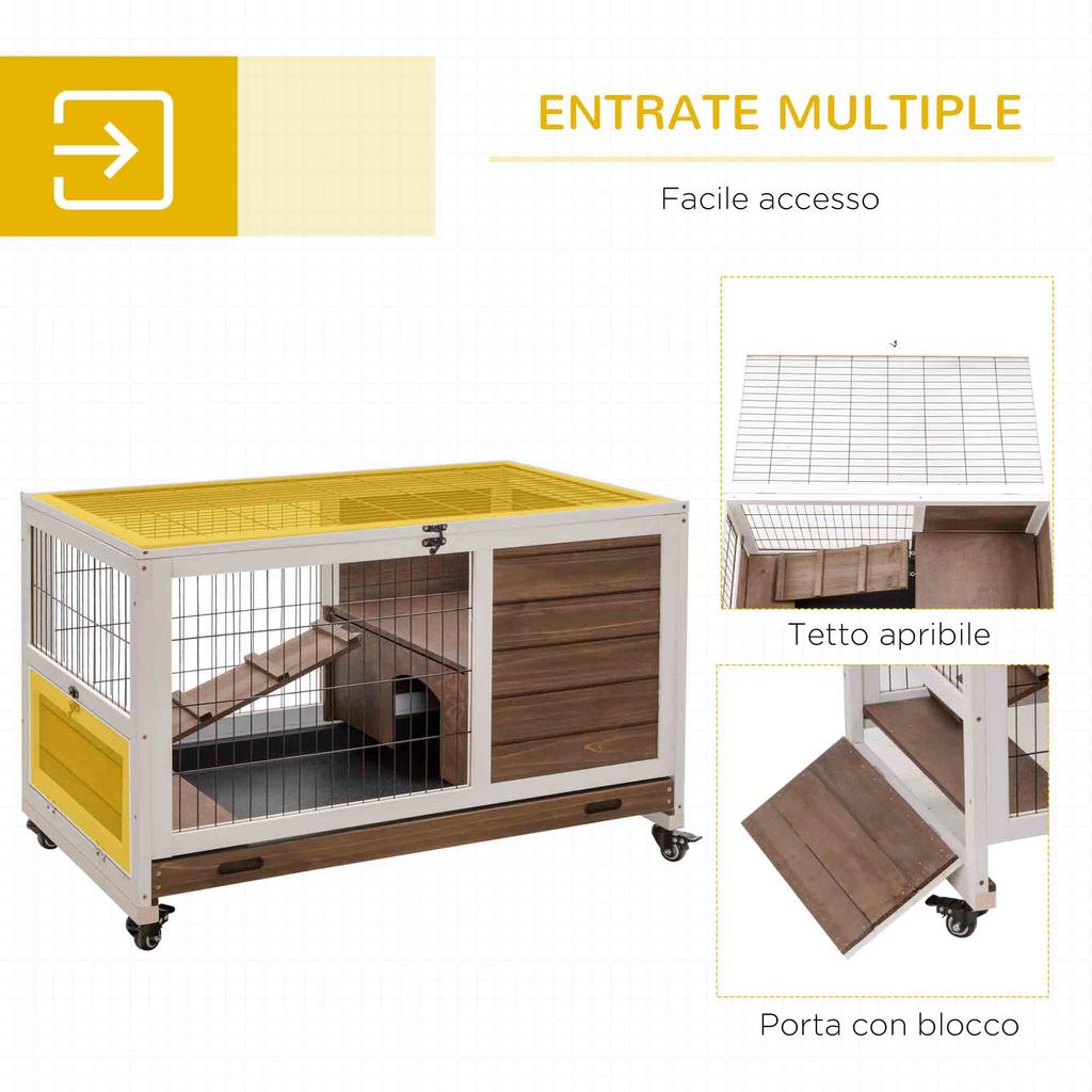 Conigliera in Legno con 4 Ruote, Casa per Conigli e Rampa, 90x53x59cm, Marrone