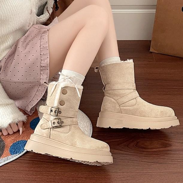 Vintage Crossbuckle Women's Martin Boots Autumn and Winter Popular Skinny Casual Snow Boots Suede Short Boots Cotton Shoes