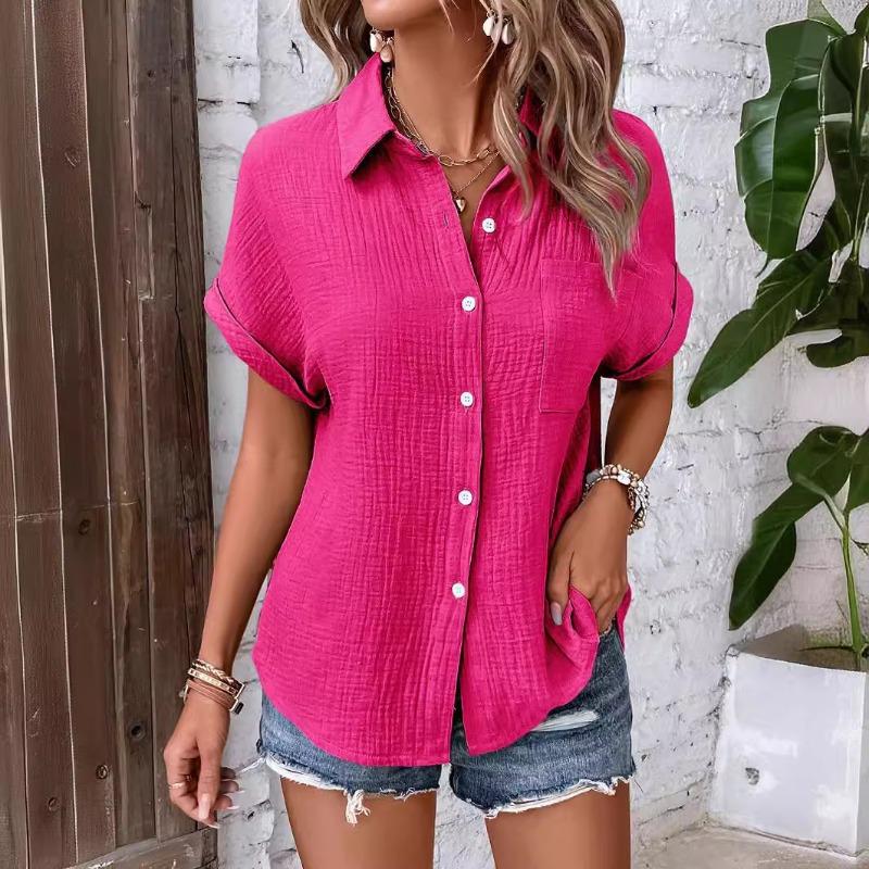 Summer Women's Shirt Solid Color Casual Bat Sleeve Button Up Shirt for Women