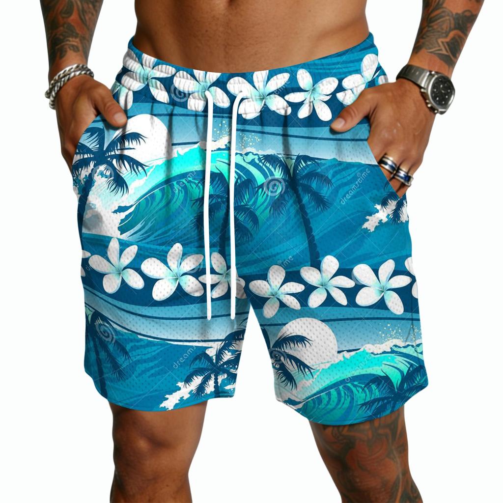 Men’s Casual Drawstring Shorts Lightweight Quick Dry Five Inch Inseam Shorts with Hawaiian Floral Print for Everyday Wear