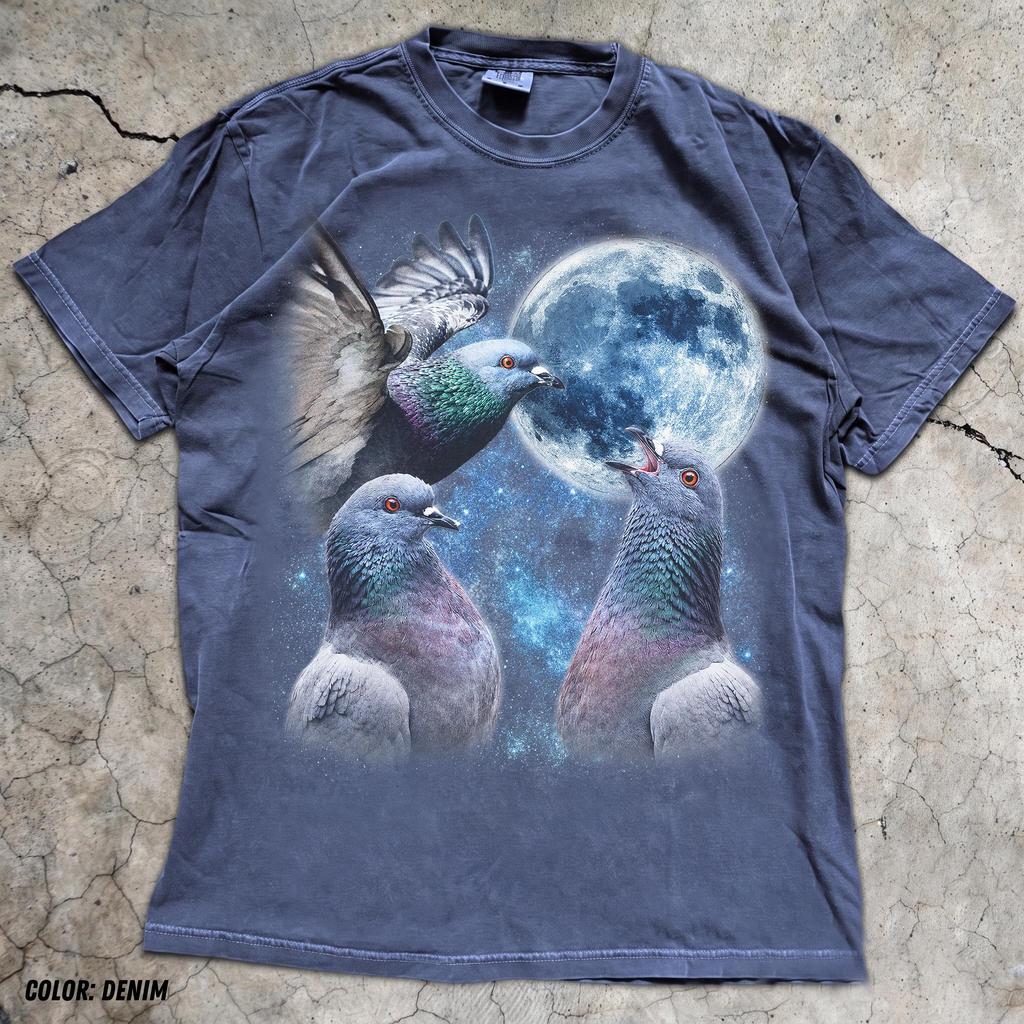 Vintage Pigeon Moon T-Shirt, Three Pigeons Starry Sky Tee, Full Moon Animals Shirt