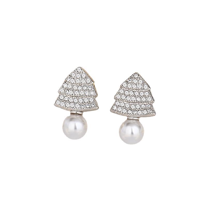 Fashionable Pearl Zircon Gold Earrings for Women with Anti-allergic Micro-set Christmas Earrings