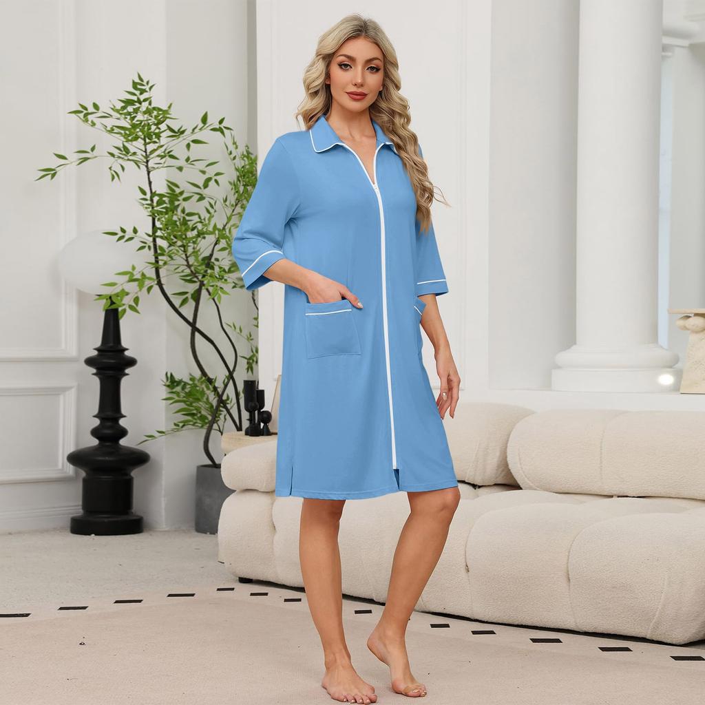 Women's Casual Zip-Up Robe with Three-Quarter Sleeves Knee Length Lightweight Loungewear with Pockets