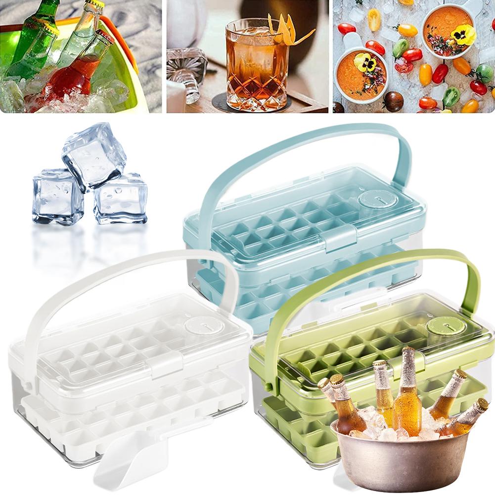 Ice Tray with Lid and Bin Ice Cube Mold with Scoop Ice Maker 2 Trays for Freezer for Chilled Drinks Coffee Juice