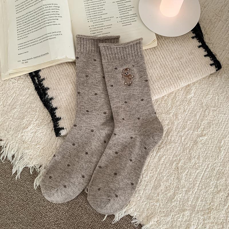 Socks Tide Cute Embroidered Bear Wool Warm Medium Tube Socks Stacking Socks