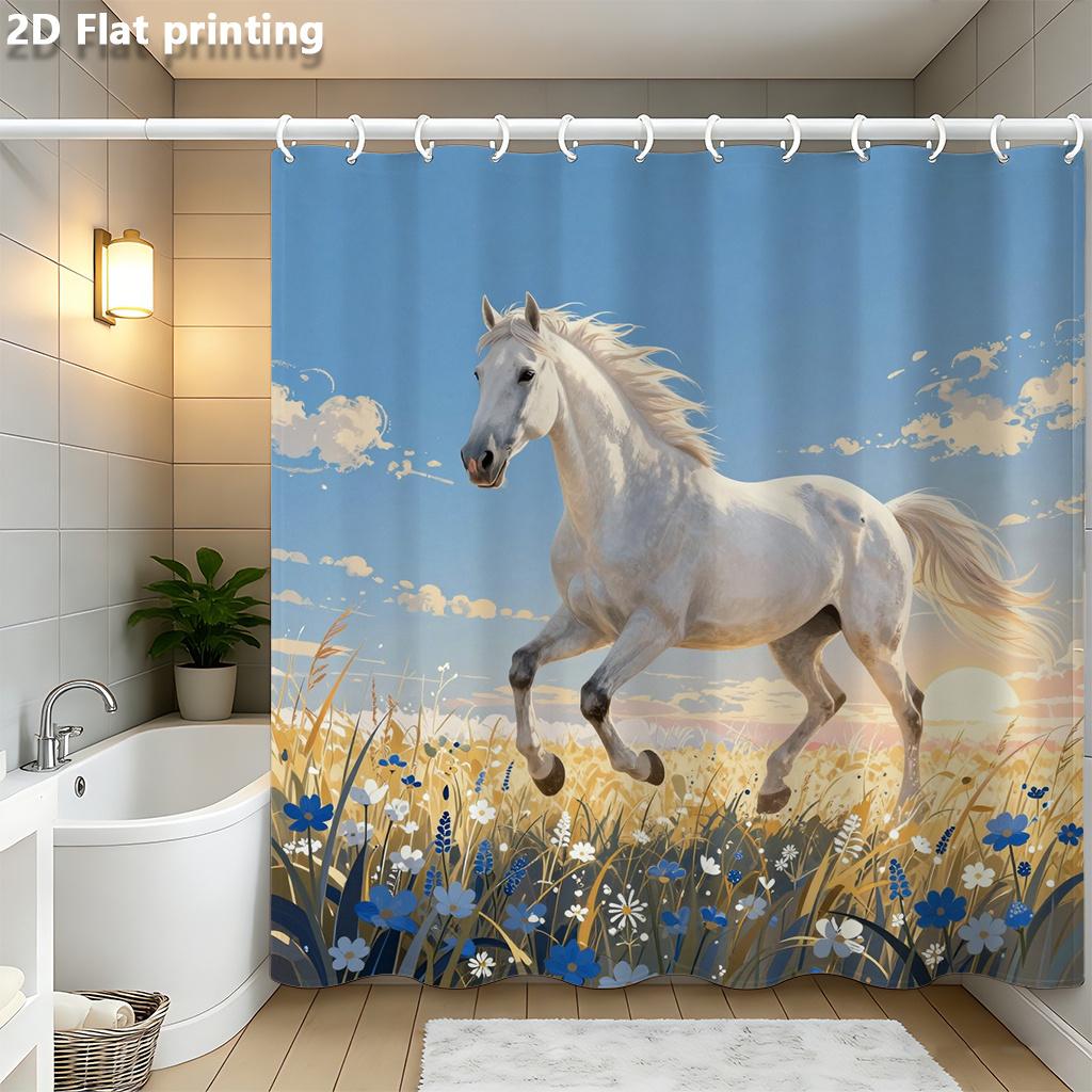 

Galloping White Horse Shower Curtain 1Pc With Polyester 2D Flat Print 70.8X70.8 Inch Floral Meadow Bathroom Decor W60H190(CM)-1 Pcs