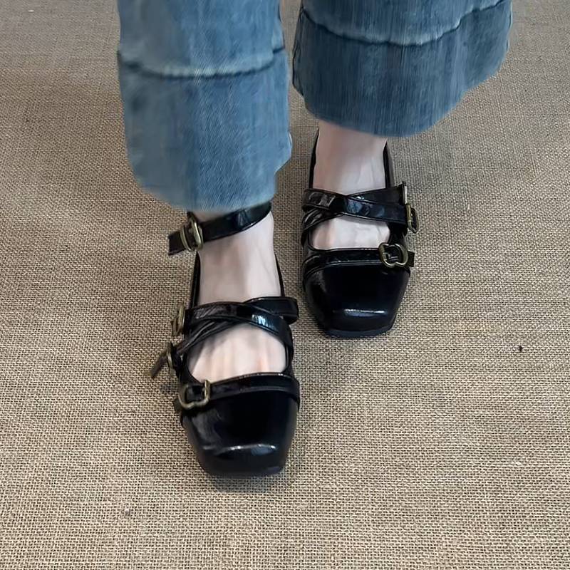 Design sense French retro women's square head shallow mouth single shoes summer fashion cross strap belt buckle Mary Jane shoes