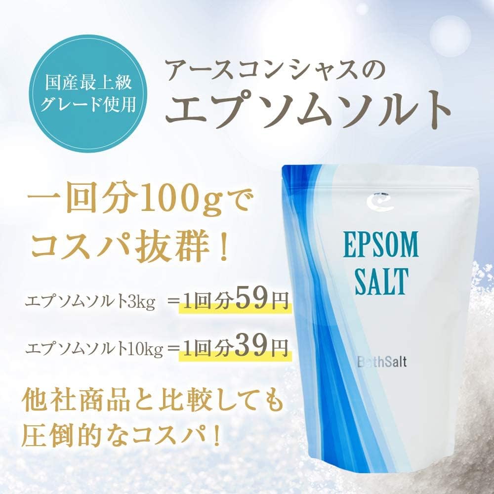 Earth Conscious Japanese Epsom Salt with Measuring Patch Reheatable [3kg/30 Uses] Spoon, Additive-Free, Tested,
