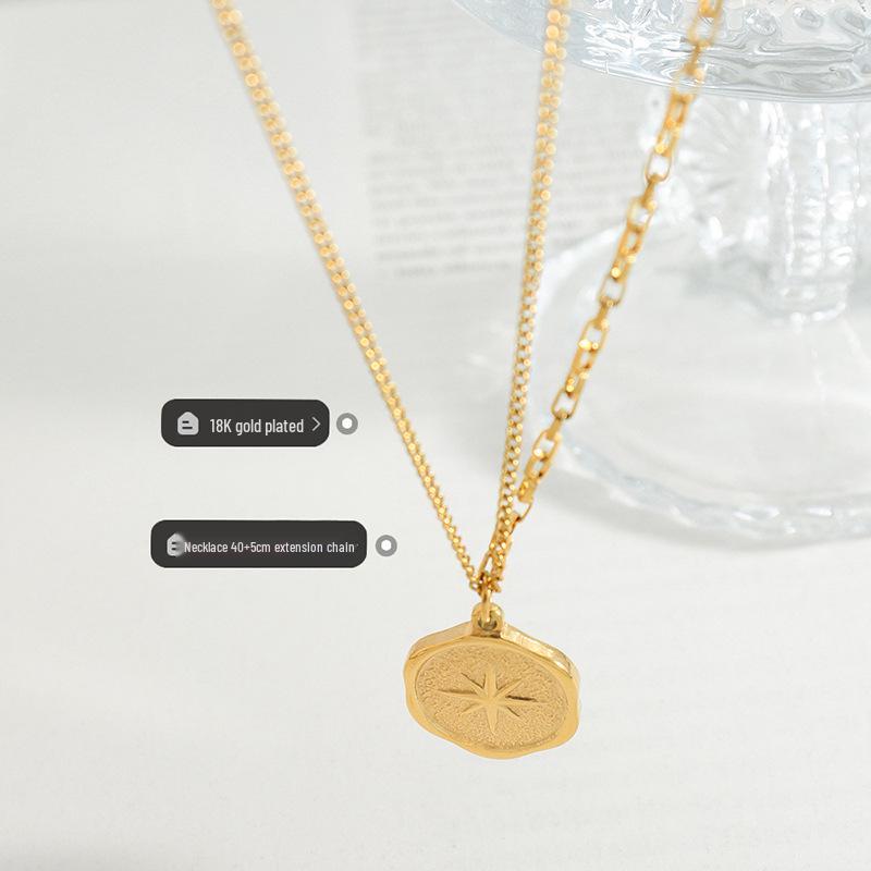 French Niche Eight-Pointed Star Pendant Necklace, Double Chain, 18K Gold-Plated Titanium Steel Clavicle Chain Jewelry P574