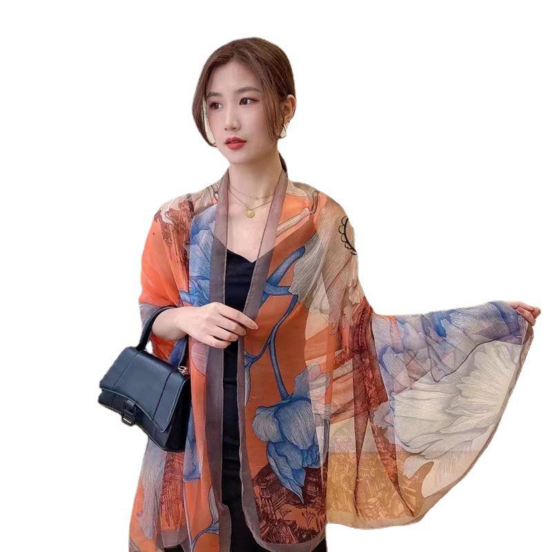 Silk Scarf Folral Women Summer Hijab Luxury Print Sunscreen Shawl Wraps Bandana Ladies Head Scarves Large Foulard Echarpe