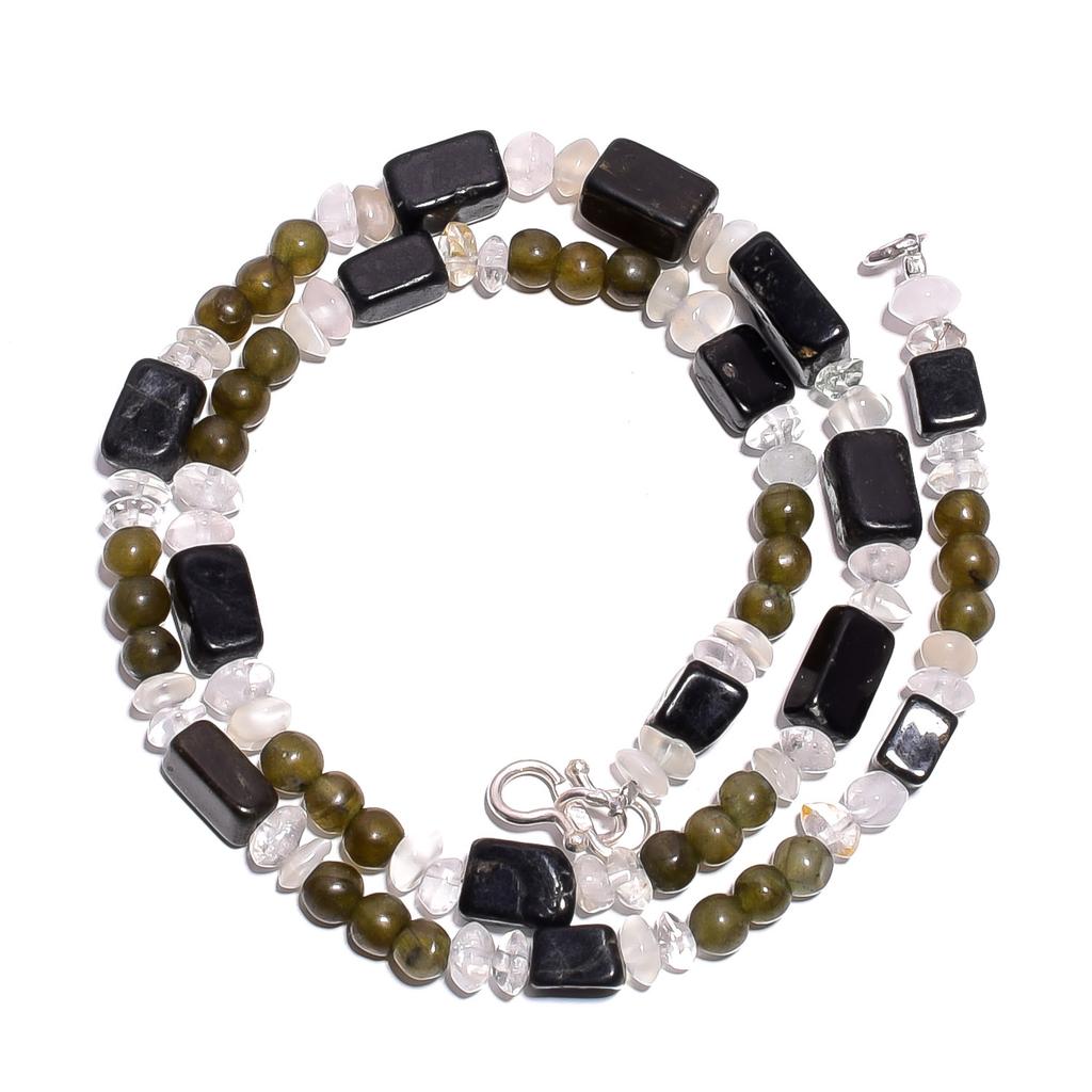 Natural Black Onyx Labradorite Crystal Gemstone Smooth Beads Necklace 17" UB4715 UB-4715