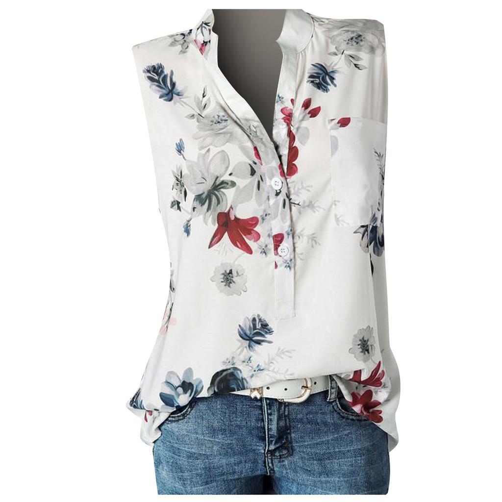 Damska Moda Casual Bluzki z Dekoltem V Drukowane Koszulki Bez Rękawów Pulower T-shirty