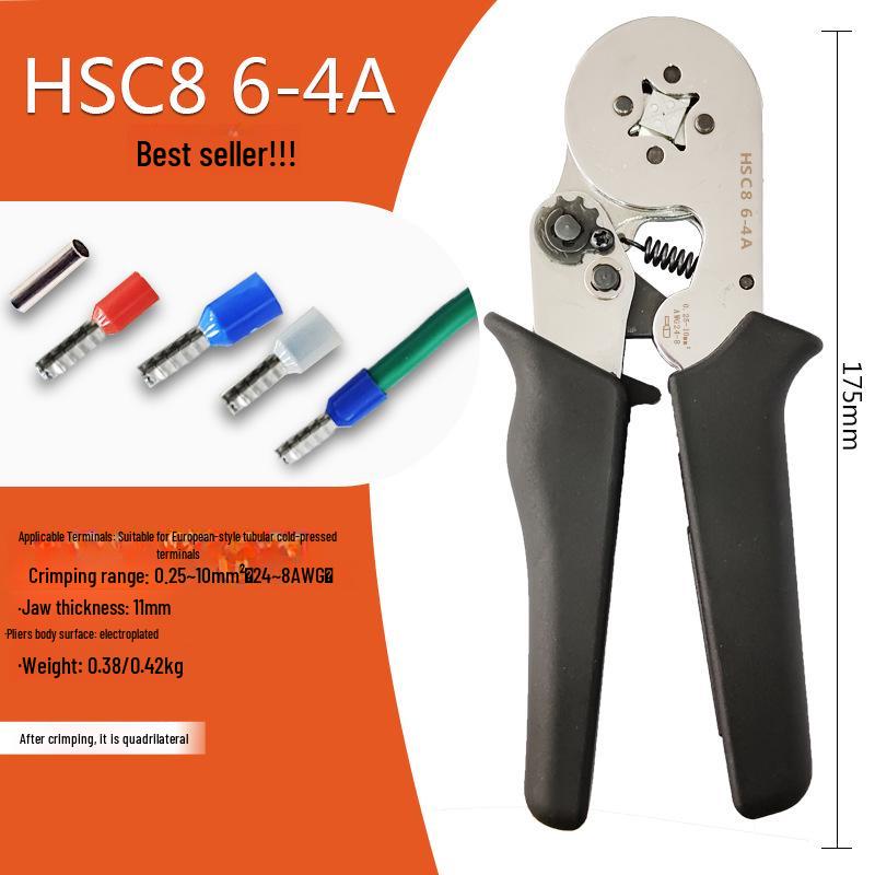 HSC8 6-4A Self-Adjusting Crimping Tool for VE Tube Terminals, 0.25-10mm Range, Quadrilateral Crimping.