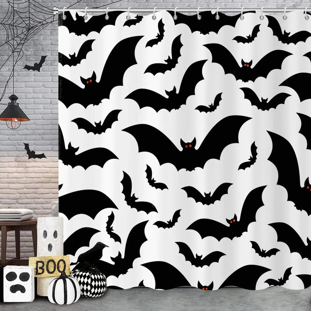 Halloween Shower Curtain, Cartoon Funny Skull Skeleton Dancing Bathroom Decor Curtains Halloween Party Retro Bath Curtain Fabric