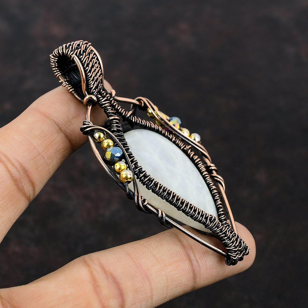 Rainbow Moonstone Pendant Copper Wire Wrapped Pendant Gemstone Handmade Pendant Titanium Beads Pendant Gift For Mom Copper Wire Wrap Jewelry