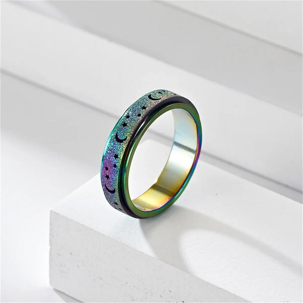 Frosted Stainless Steel Moon And Star Fidget Rings For Men Anti Stress And Anxiety Rotating Ring Fidget Metal Spinner Anillos