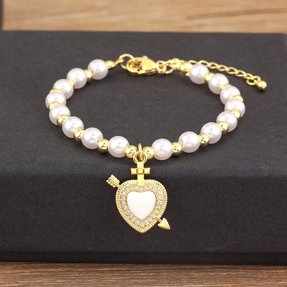 

Nidin New Fashion Heart Shape Hand Bracelets 3 Styles For Women Birthday Party Pearl Beads Copper Jewelry Accessories Chic Gift