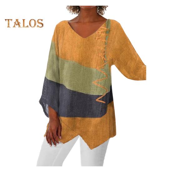 

Женские повседневные топы, рубашка средней длины с v-образным вырезом и длинными рукавами, свободная посадка с цветными блоками, футболка с нерегулярным подолом и принтом, повседневные топы для отдыха 3XL жёлтый