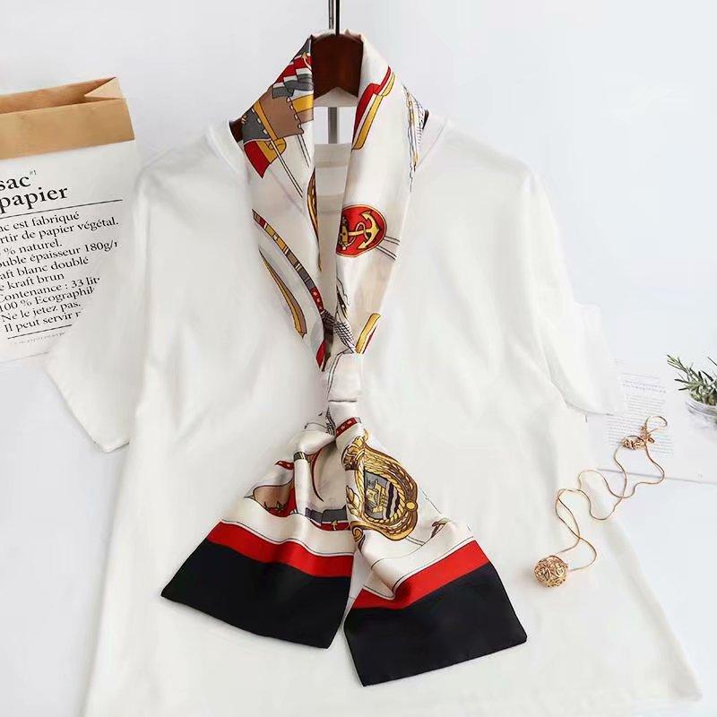 Luxury Silk Long Scarf Women Bag Handle Ribbon Ladies Plaid Print Headband Small Hair Scarves Band Female Handkerchief