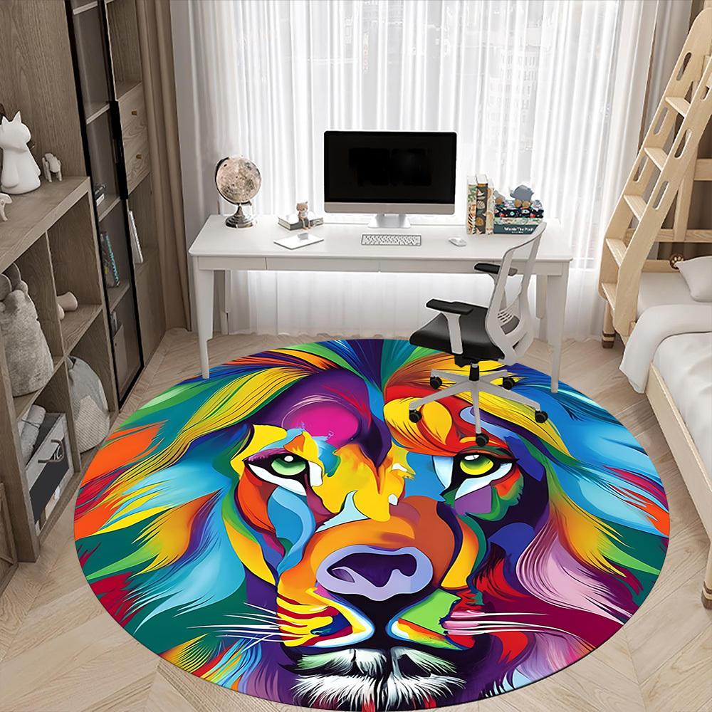 1pc Colorful Lion Face Carpet, Round Non Slip Durable Large Size Office Carpet, Suitable for Office