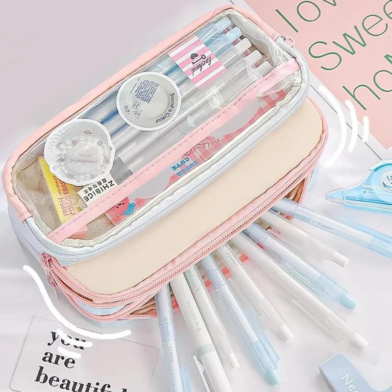 New New Color Block Pencil Case Transparent Large Capacity Creative Multifunctional Stationery Bag Japanese Style High Aesthetic