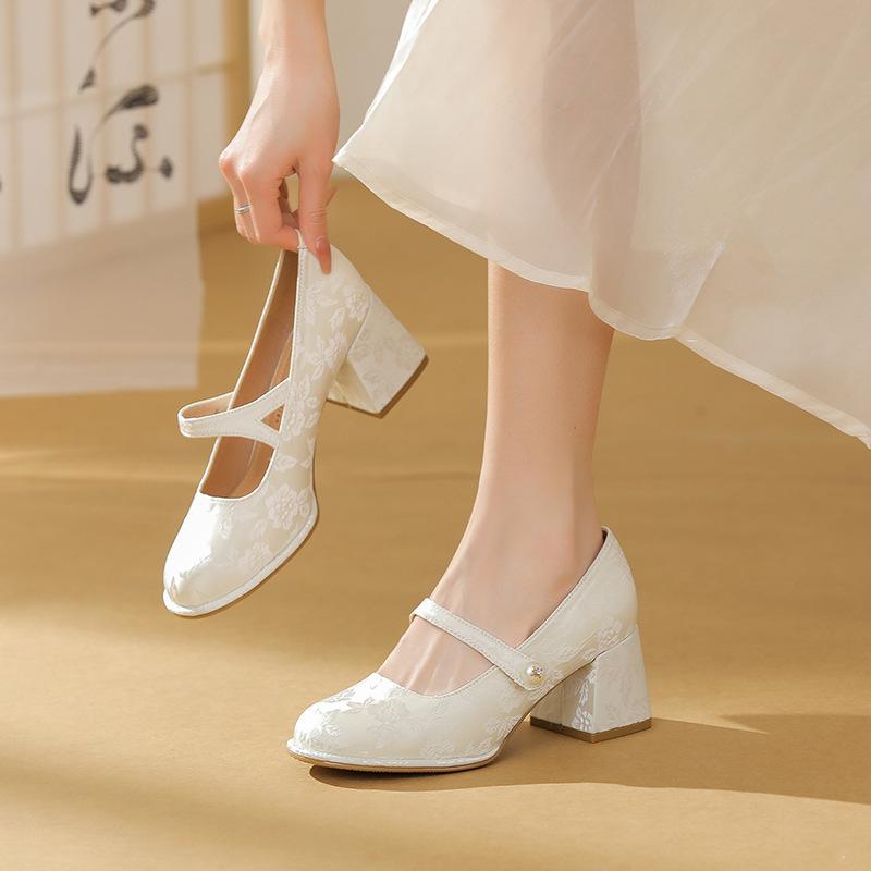 

Кожаные туфли на плоской подошве для женщин Хуэйчжоу, женские туфли Су Иньинь, туфли Мэри Джейн на высоком каблуке, новые женские туфли в национальном стиле на толстом каблуке 40 бежевый