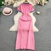 European and American Women's Clothing Summer New Denim Splicing Knitted Long Dress Tight Short-sleeved Waist and Thin Dress
