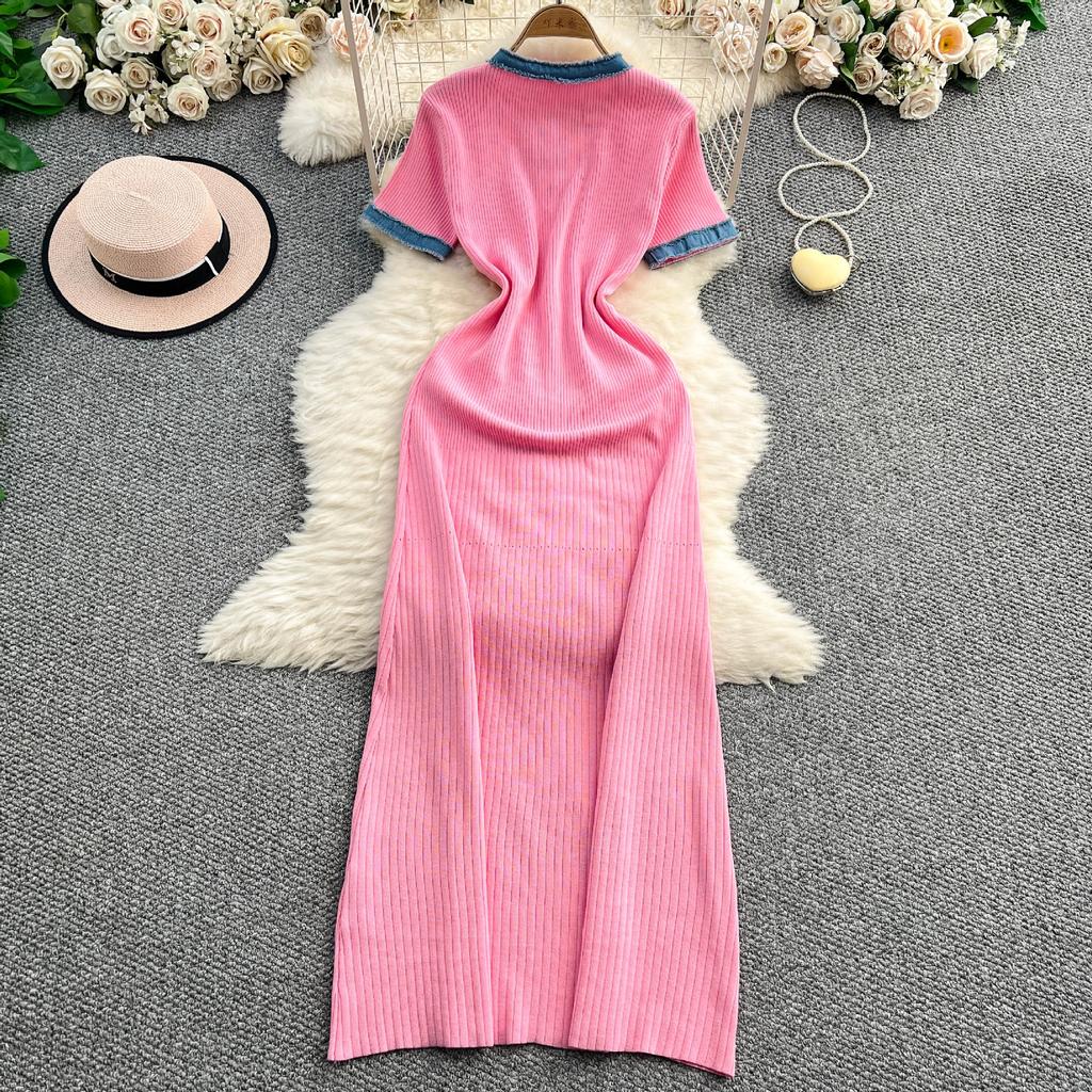 European and American Women's Clothing Summer New Denim Splicing Knitted Long Dress Tight Short-sleeved Waist and Thin Dress