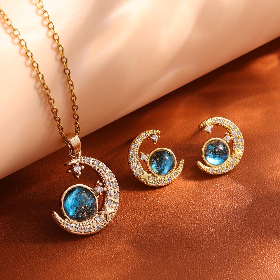 ZAKOL New Blue Planet Moon Astronaut Cubic Zirconia Stud Earrings for Women Fashion Party Zircon Ear Accessories Gift
