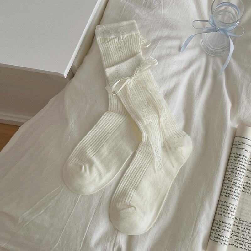 Wiosenne i letnie lekkie, jednokolorowe skarpetki Lolita do połowy łydki dla kobiet, słodkie skarpetki frotte z koronkową siateczką i kokardką