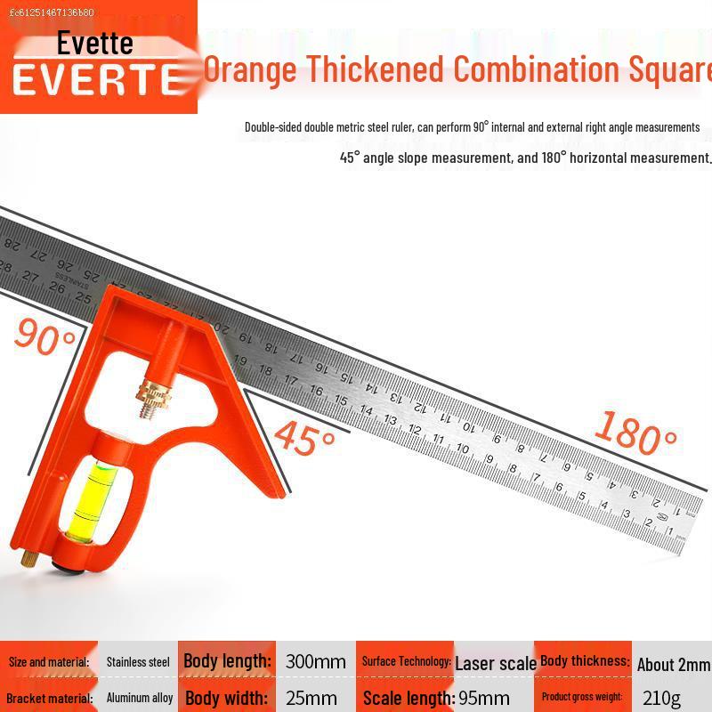 Multifunctional Stainless Steel Horizontal & Right Angle Combination Ruler for Woodworking