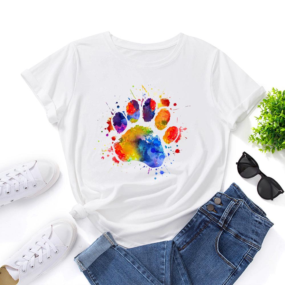 Dog Paw Pattern Cotton T-Shirt Short Sleeve Round Neck Women 2d Print Tops