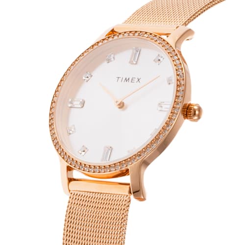 TIMEX Transcend Watch, 34mm, Silver Dial, Brass, Mineral Glass, Quartz Movement, American Brand, TW2W19200, Unisex, Pink Gold