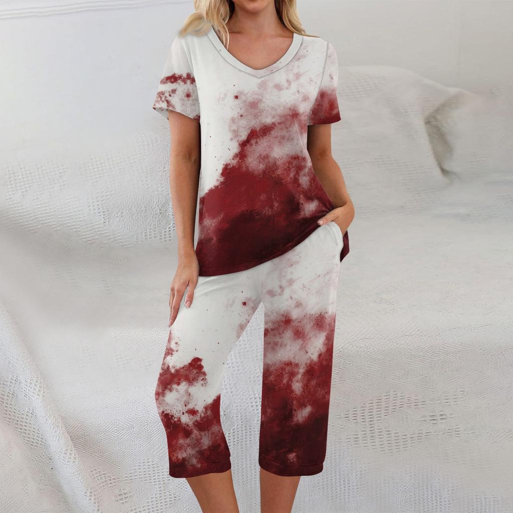 2 Piece Sets For Women Short Sleeve Top And Pants With Pockets Workout Soft Halloween Print Sets