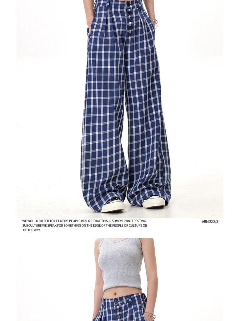 Damen Retro Karomuster 2025 Weitbeinige Hose mit Knopfdesign, Bodenlang, Zhao Lusi Stil