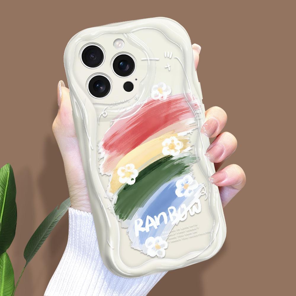 For iPhone 16 15 14 Samsung S25 S24 S23 A06 A13 A14 A15 A16 A55 Redmi 14C 13C Note 14 13 12 Rainbow Flowers Full Lens Protect Wave Edge Case