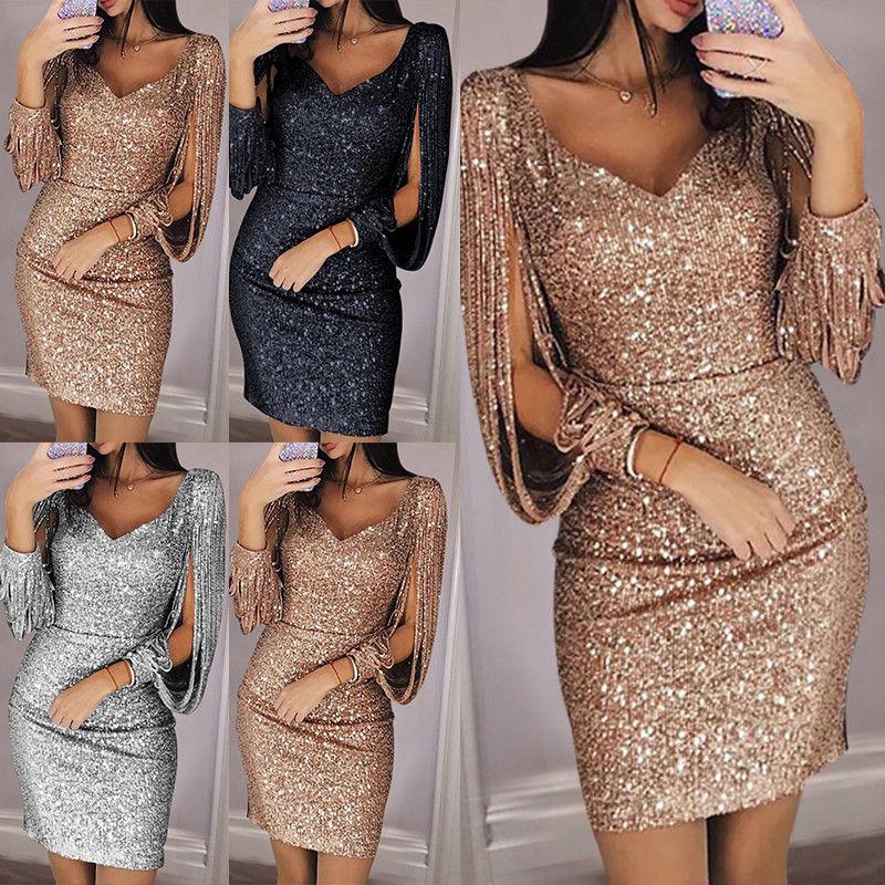 Ladies Elegant Sequins Sexy Vneck Mini Casual Cocktail Party Slim Stylish Dress