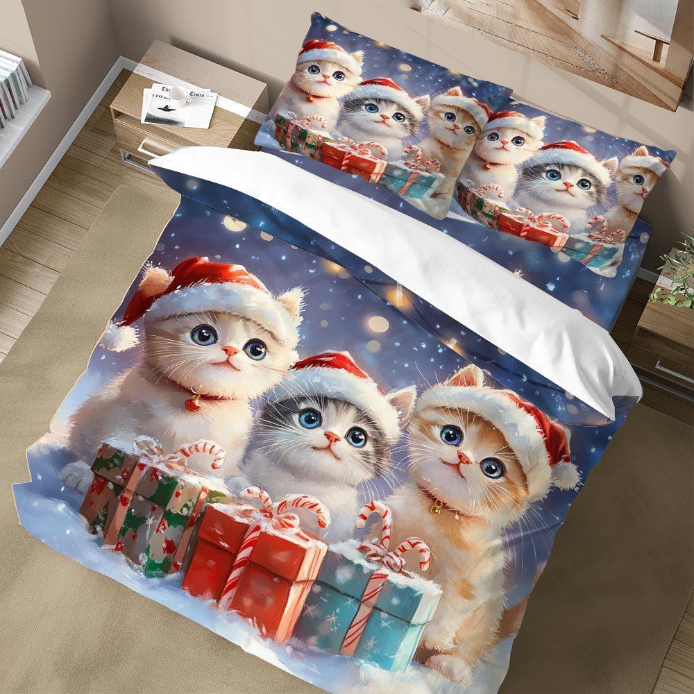Lifesmells 3pcs Kitten Santa Duvet Cover Set Cute Bed Cover Set Fluffy Bedding Set 1 Quilt Cover + 1/2 Pillowcases+1 Flat Sheet