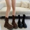 Soft leather retro brown platform Martin boots women's autumn and winter new medium tube thin boots Chelsea boots short boots
