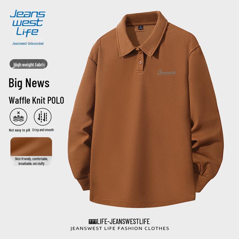 Jeanswest Men s Waffle Knit Letter Print Long Sleeve Polo Shirt L