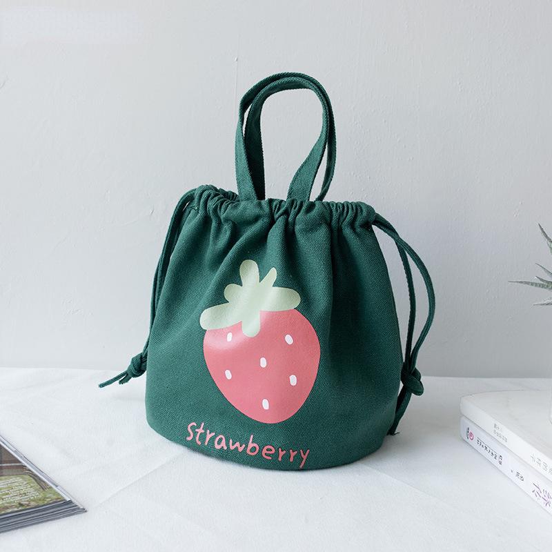 Mini Canvas Drawstring Lunch Bag Handbag Female Cartoon Strawberry Storage Bag Lunch Box Small Cloth Bag Women Tote Food Bags