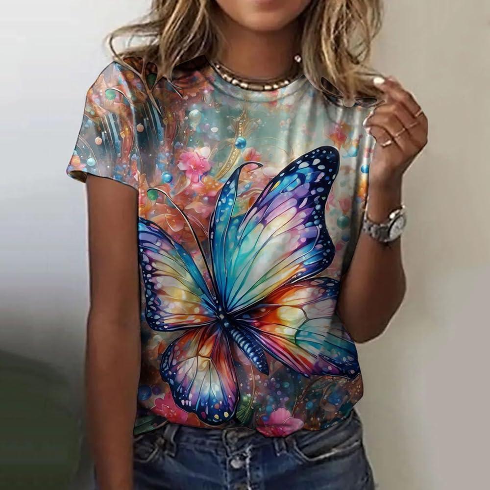 2026 New Romantic Retro 3D Printed Butterfly Pattern Women s T-shirt Round Neck Short Sleeved Fun Casual Insect Personality S
