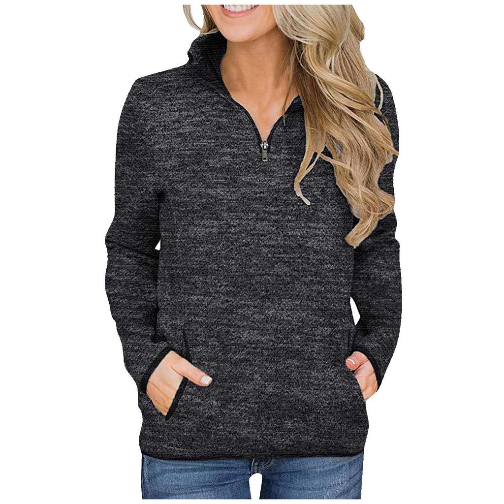 Ladies  Winter Pocket Pullover Long Sleeve Stand Collar Zip Sweatshirt Top