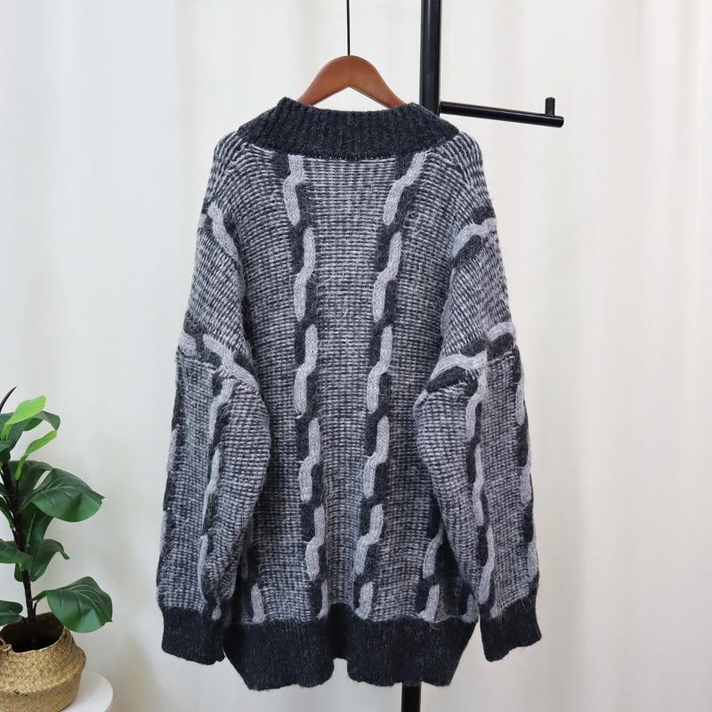 Autumn and Winter Splicing Pocket Denim Knitted Cardigan Women's Loose Lazy Style Versatile Sweater Jacket Thick