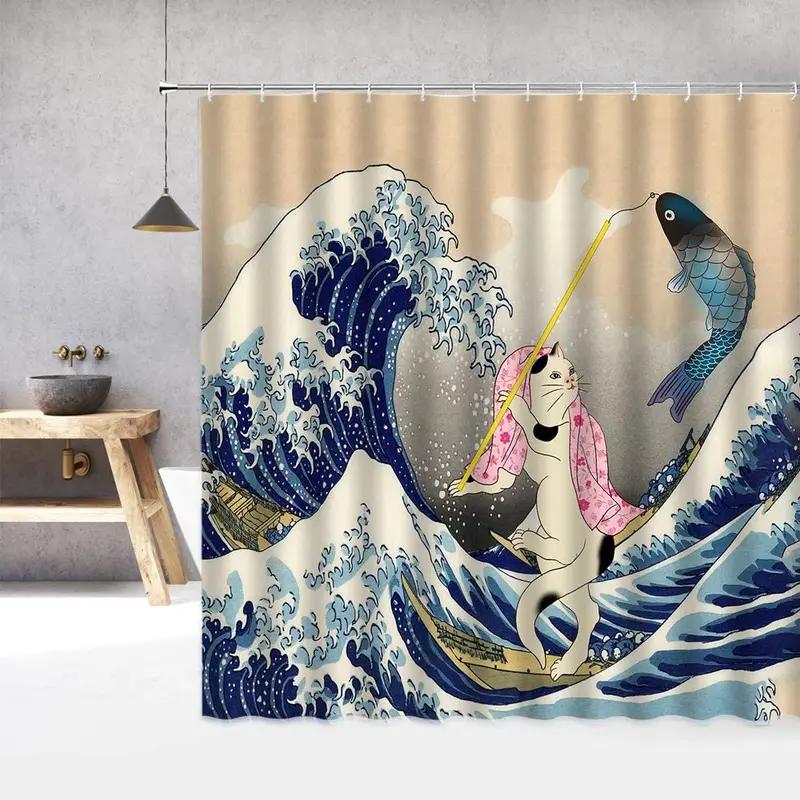 JY01Funny Cat Octopus Japanese Anime Kraken Monster Hokusai The Great Waves Kanagawa Antique Ocean Scenery Shower Curtain