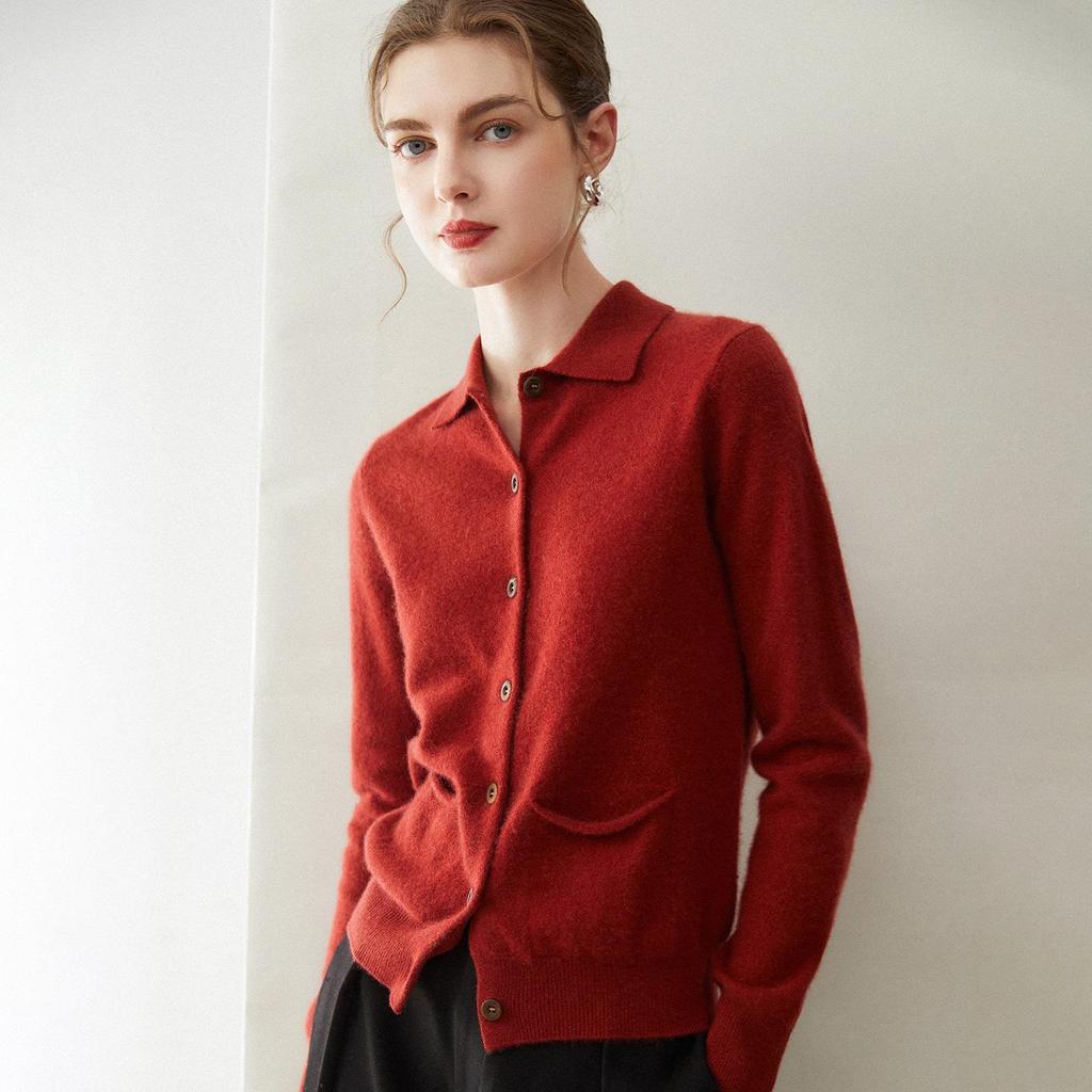Women's 100% Cashmere Polo Collar Cardigan - Solid Color Knitwear with Pockets