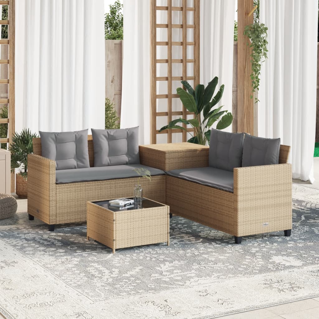 L shaped garden sofa set with table and cushions beige poly rattan