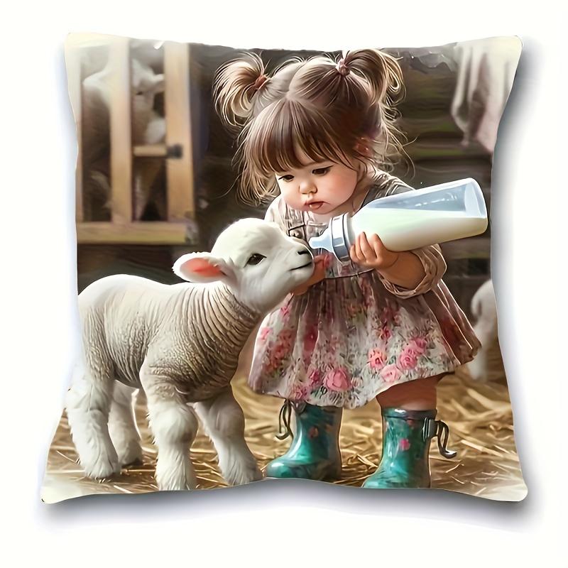 

2D flat- Rustic Farm Nursery Decor Pillow Cover Cute Little Girl Feeding Baby Lamb Throw Pillow Case for Home Sofa Bedroom 45x45cm-1pcs