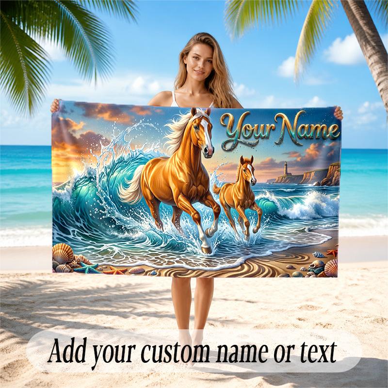 Horse Theme Quick Dry Beach Towel Custom Name Text Print Large Sand Resistant Towel Beach Vacation