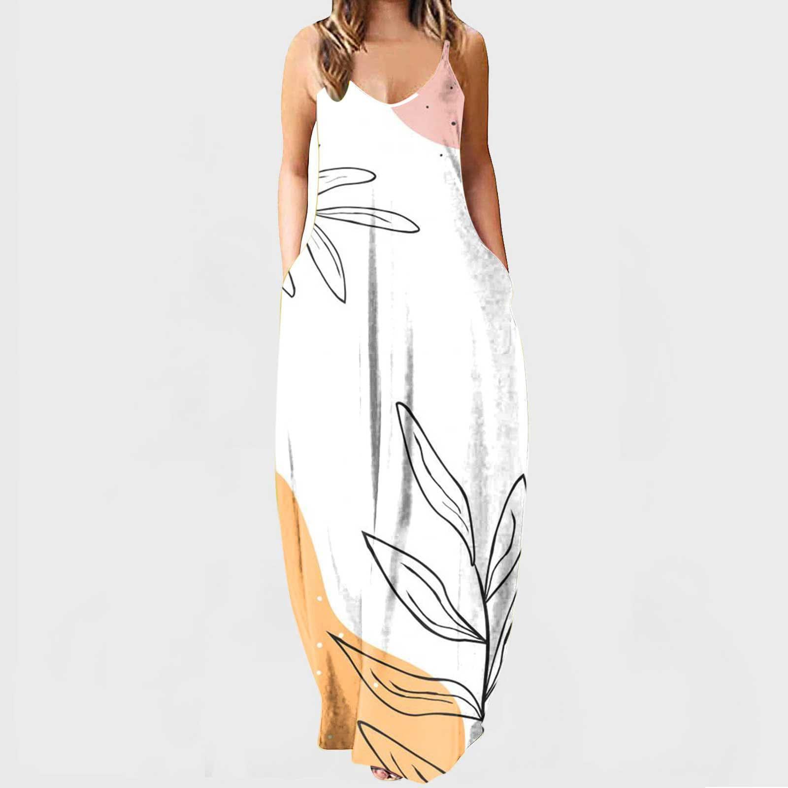 

Womens Fashion Summe Sun Dresses Long Spaghetti Adjustable Strap Sleeveless Floral Casual Long Maxi Dress For Women With Pockets XXL помаранчевий